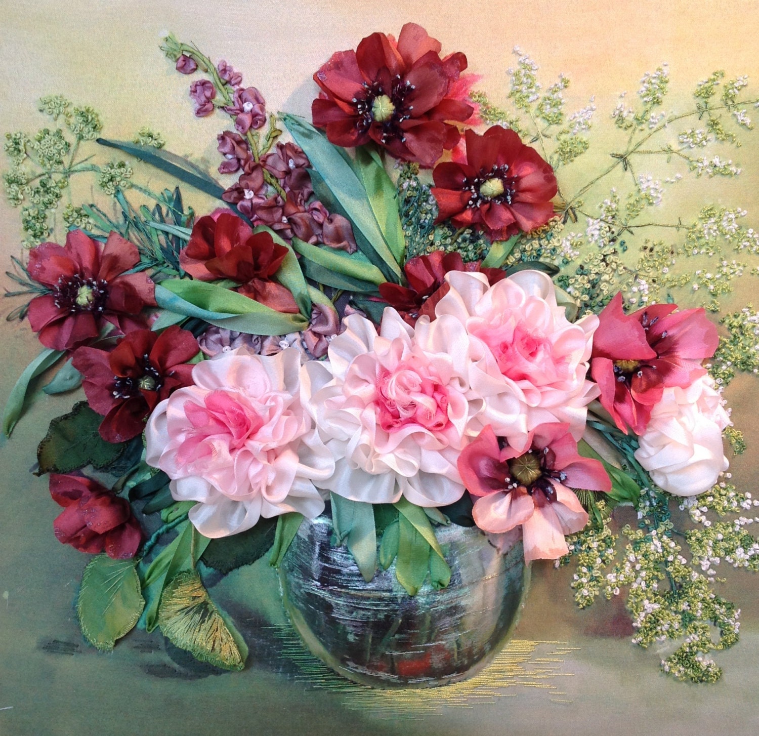 embroidered bouquet flowers in a vase