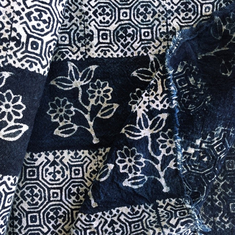 Hmong Indigo Batik Fabric Cotton with Flower Motif 2.48