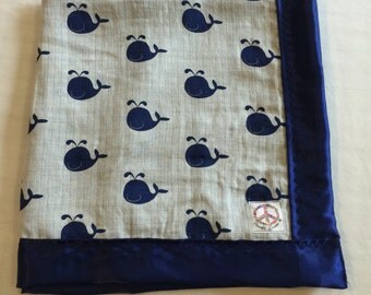 Whale Muslin Baby Blanket. Backed & edged with high Quality silky fabric .Stroller Blanket. Homemade baby shower gift. Lovey, silky Blanket.