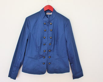 Marching Band Jacket Womens Double Breasted Military Blazer Blue Cotton Jacket Metal Buttons Large to XL Size