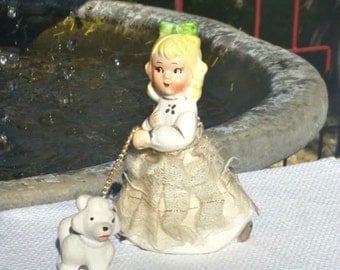 Vintage Girl with Poodle on Chain Collectible Bisque Figurine