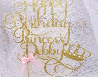Happy Birthday Cake Topper - Personalized - Princess - Party Decorations - Crown - Jewels - Glitter - Gold and Pink - Tiara Cake Topper