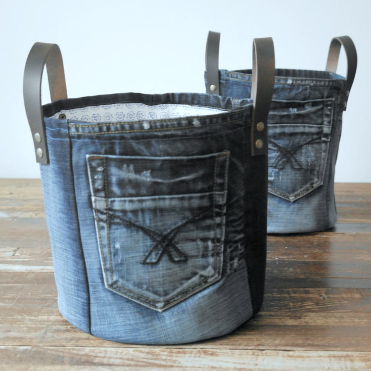 medium storage basket made of old jeans laundry basket by Lowieke