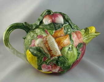 Vintage Teapot, Vegetable Medley Teapot, Hand Painted Ceramic Teapot