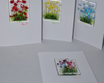 Handmade Fused Glass Art - Cards - Poppy, Daisy, Wild Flowers, Cornflowers