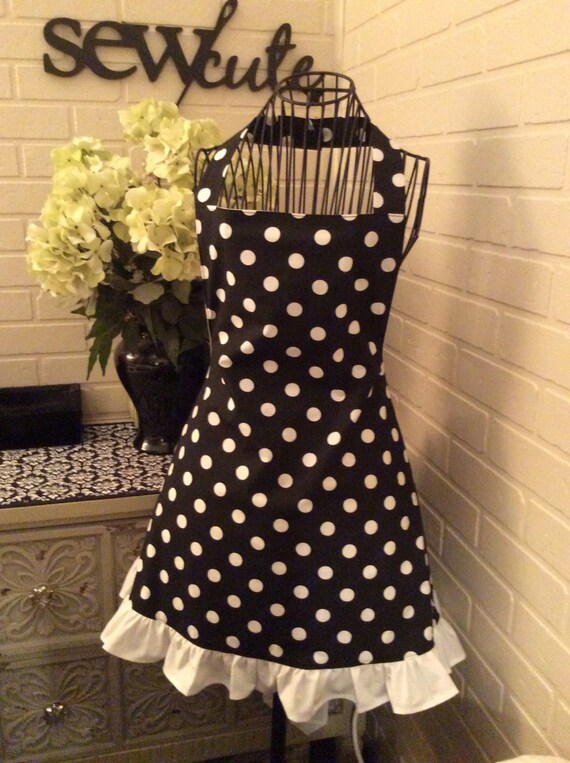 Fully lined black and white polka dot adult apron