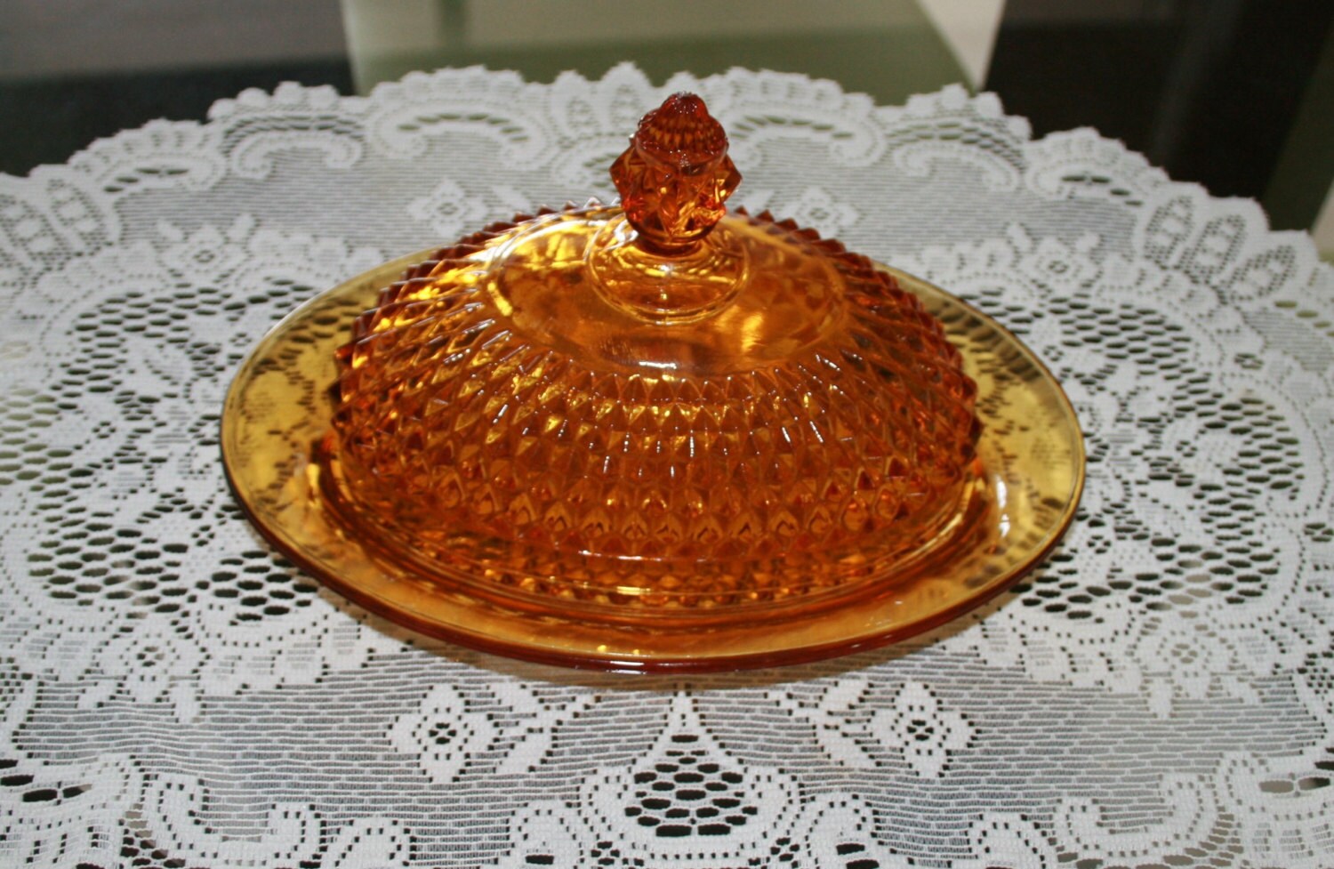 Amber Depression Glass Butter Dish/ Diamond shaped