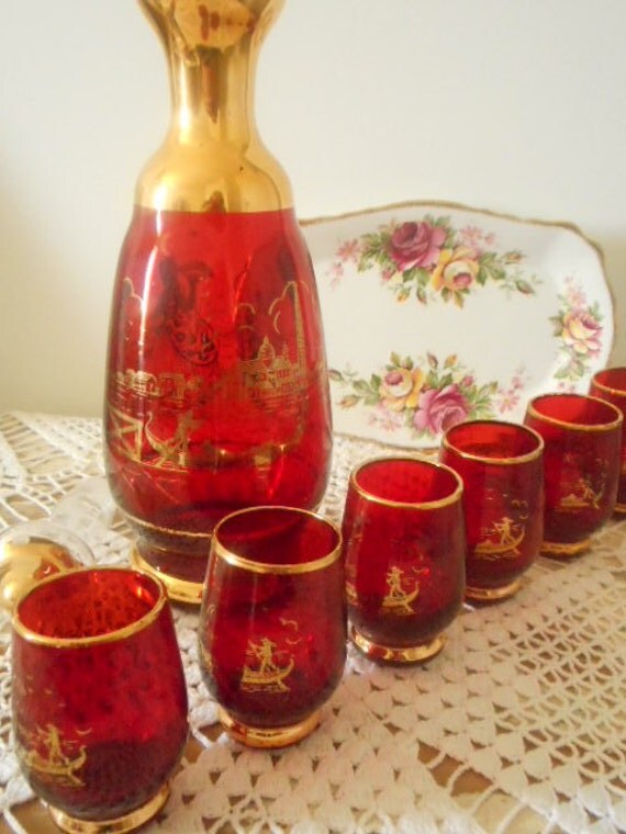Vintage Glass Decanter Set Red Gilded by silvermoonnostalgia