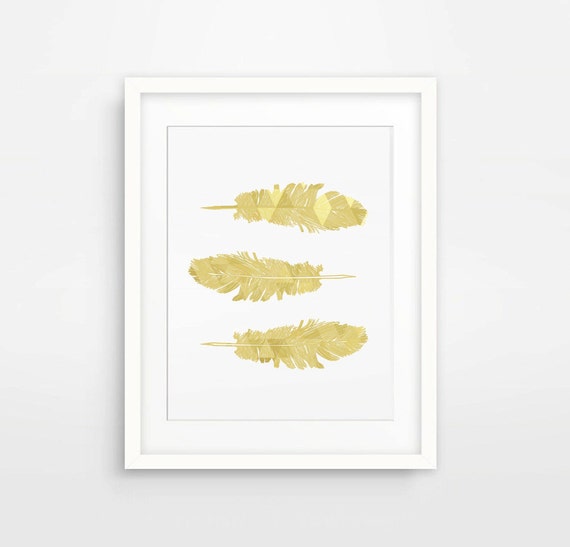 Gold Feather Print Gold Wall Art Gold Feather by MagictreesDigital