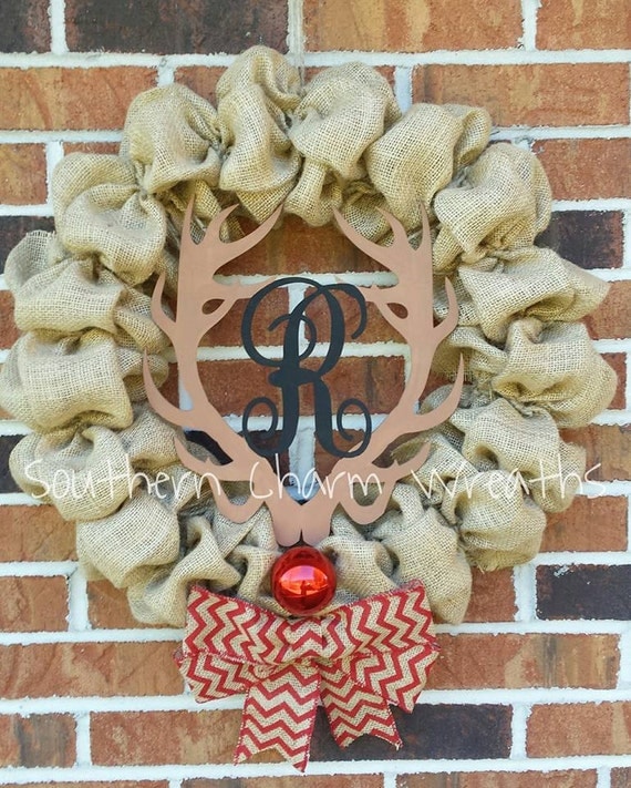 Monogrammed Burlap Rudolph Wreath