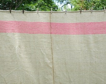 Vintage Wool Throw Blanket - Woven Wool Blanket - French Canadian Blanket - BEIGE with PINK Stripes - 73 in. X 87 in.