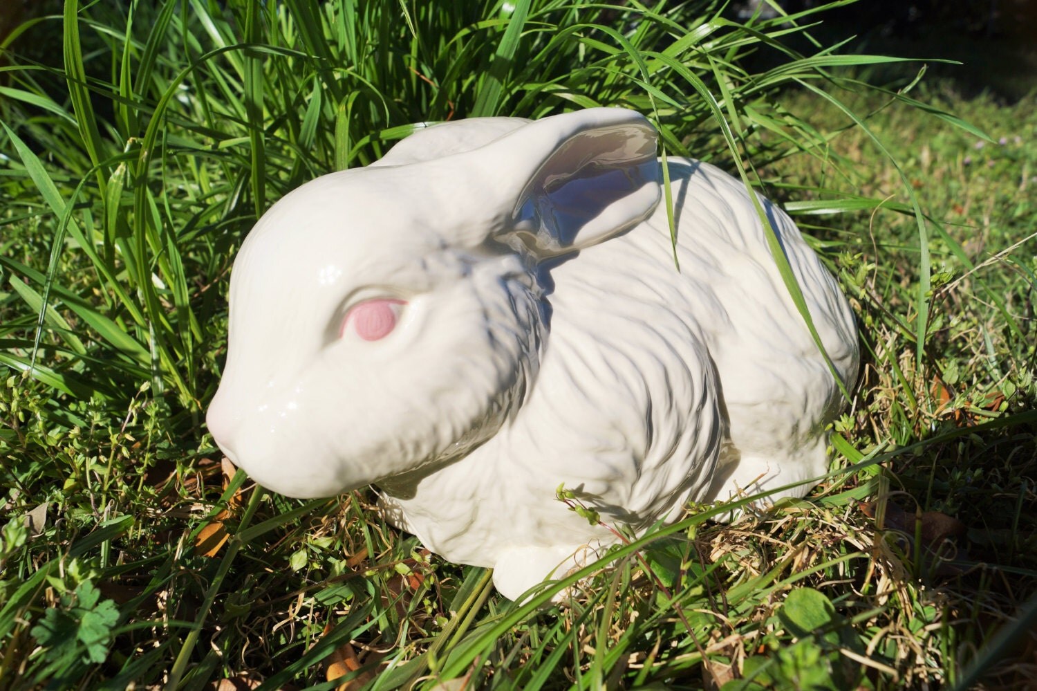 Large White Bunny Ceramic Statue Sitting Down Life Size with