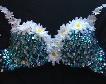 Blue/Teal/Silver and Black Rave Bra with Daisies/Flowers