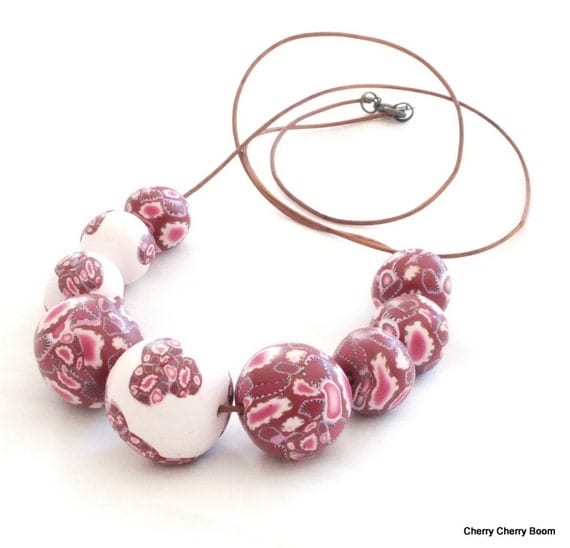 Chunky polymer clay necklace of handmade beads on brown leather cord - in Boho Summer
