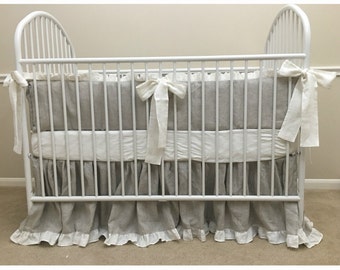 Linen bumper with white ruffle, gender neutral baby bedding, gray and white crib bedding, baby bedding, crib bedding set, farm house style