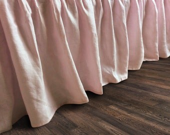 Pink bed skirt in natural linen, pink bed ruffles, pink bedding, shabby chic bedding, Romantic