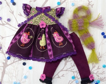 Blythe doll outfit - Blythe Dress Scarf Leggings, Clothes 1/6 doll.