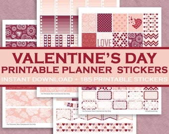 Romantic Valentine's Day Printable Planner Stickers - 185 Printable Stickers - Pink, Red & Purple - February - Downloadable Letter Size PDF
