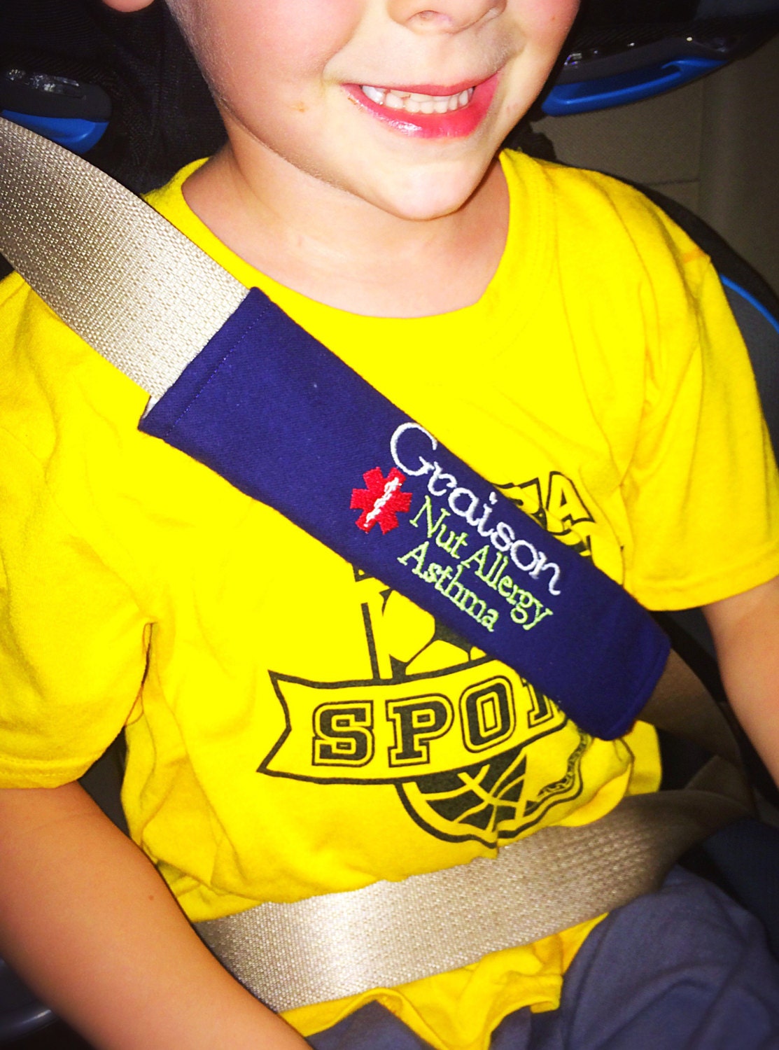 Medical alert seat belt cover custom embroidered by Mamasewz