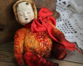 Flame little teddy doll stuffed art doll demon fire red vitage stile