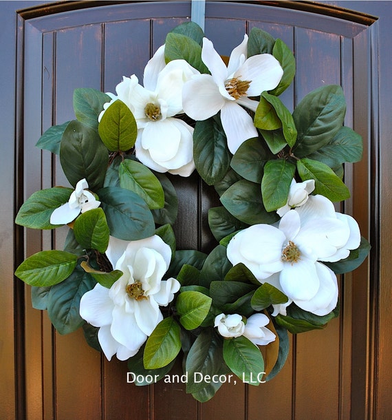 Magnolia wreath with bloomsfront door by DoorandDecor on Etsy