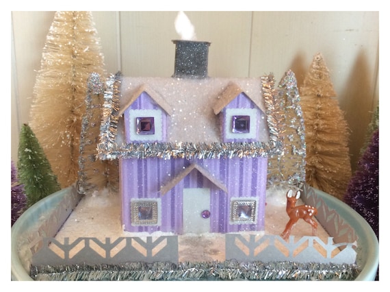 Purple Traditional winter putz style glitter house, paper house.