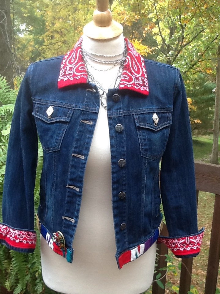 Red Bandana Denim Jacket upcycled Girl's Size 10/12
