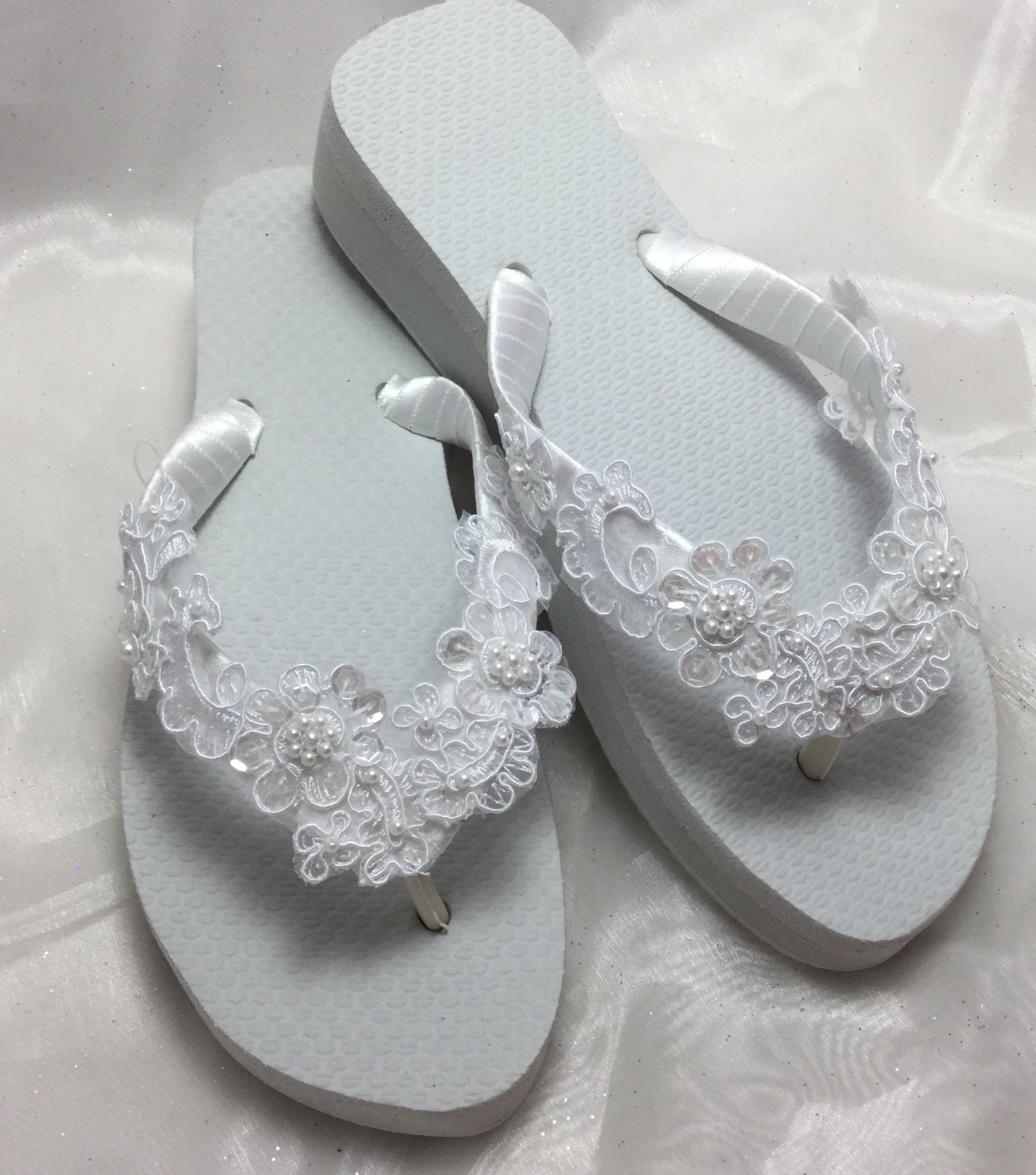 White Bridal Lace Wedge Flip Flop Bridal Sandals Beach