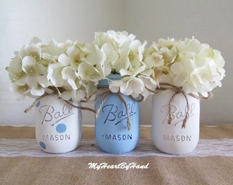 Rustic Home Decor, Blue Polka Dot Mason Jar Centerpieces, Baby Shower Mason Jars, Mason Jar Decor, Jar Vases, Baby Boy Shower Decorations