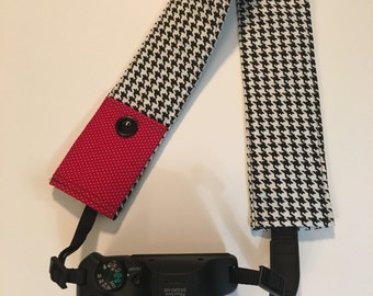 Camera Strap Cover - DSLR CameraStrap Cover with Lens Cap Pocket - Padded Camera Strap Cover- Houndstooth Camera Strap Cover