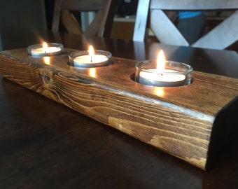 Tea Light Candle Holder, Rustic Wood, Wood Candle Holder, Bathroom, Dining Room Candle Decor with White Tea Lights, Tea Light Holder, Gift