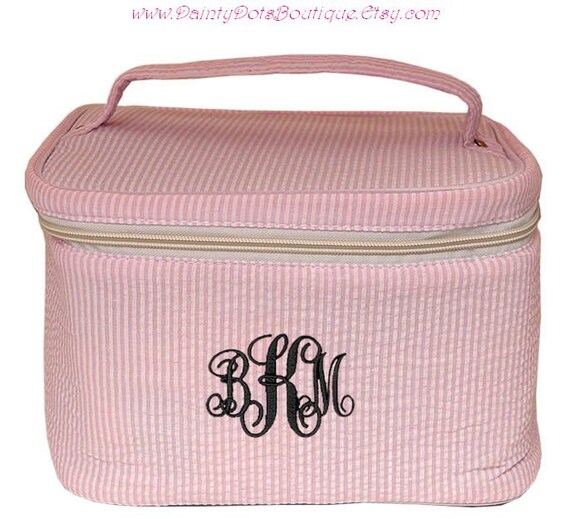 Light Pink Seersucker Makeup Bag Monogram Cosmetic Bag