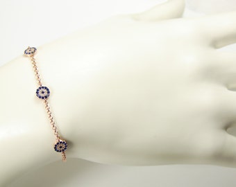 Evil eye Bracelet Three Eyes 925 Rose Gold Sterling Silver Chain Link Fashion Jewelry