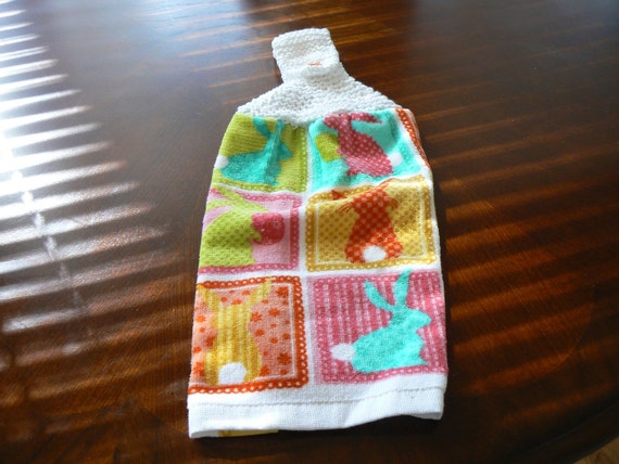 Multi-Colored Hanging Easter Bunny Kitchen Towel With Hand Knit Topper and Button Closure