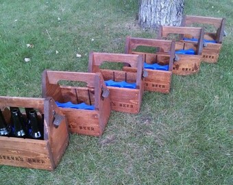 Groomsmen Gift Set of 6 Personalized Rustic Beer Carriers, Beer caddy with opener and freezable insert