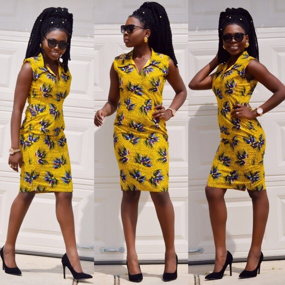 African Ankara knee length dresses Ankara print with yellow