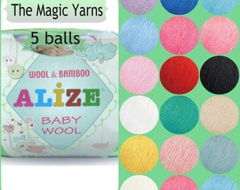 Alize Baby Wool-Set of 5 balls,Natural yarn, baby yarn,Wool Bamboo mix,Wool, Bamboo , sport,light weight, 4 ply,white, green ,blue,
