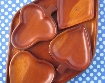 SALE Vintage Wooden Card Suit Snack Set, Mid-Century Serving Platter and Small Serving Trays