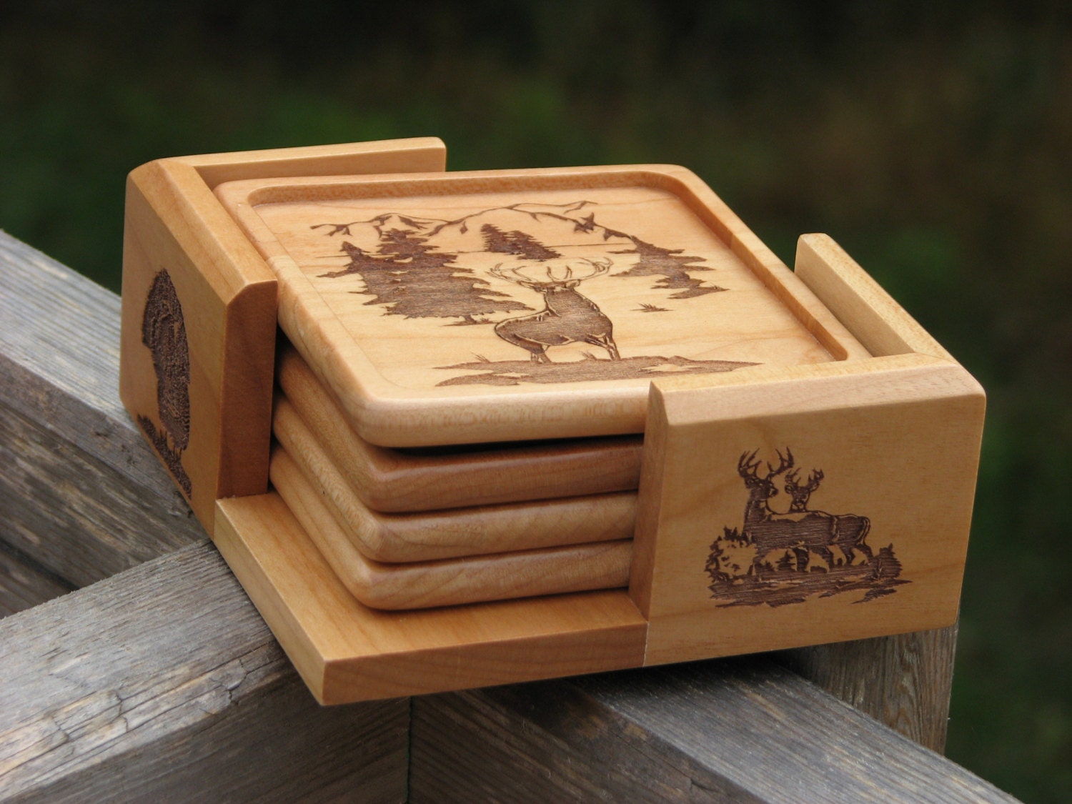 Laser Engraved Wood Coaster Set with Wildlife Outdoorsman
