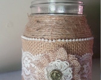 burlap mason jar,burlap and lace mason jar, rustic wedding jar,burlap wedding centerpiece,