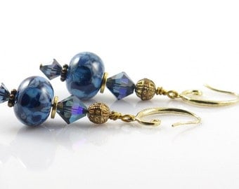Blue Glass Earrings, Lampwork Earrings, Blue and Gold Earrings