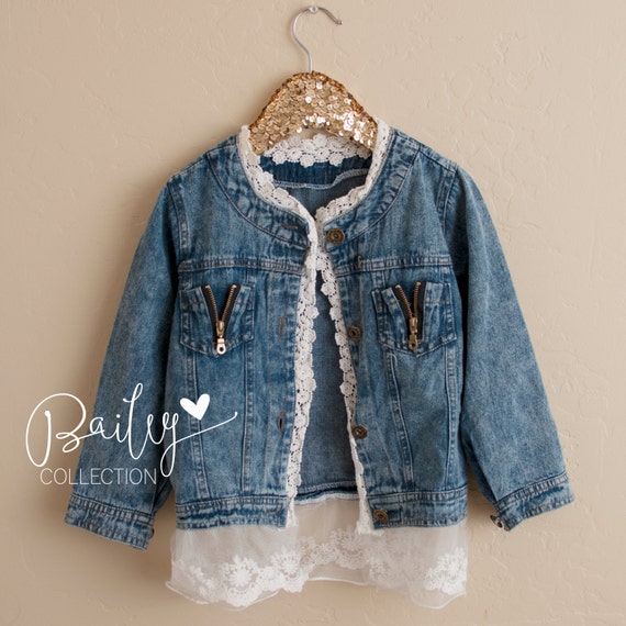 Lace Jean Denim Jacket Girls Zipper Pocket, Winter Jacket over Dress. Trendy and Chic Country Rustic Shabby Chic Boutique