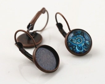 10 Copper Earring Blanks + Glass dome 12mm Round Earring Setting Glass Cabochon French Leverback Earring Bezel Lever Back Jewelry Supplies