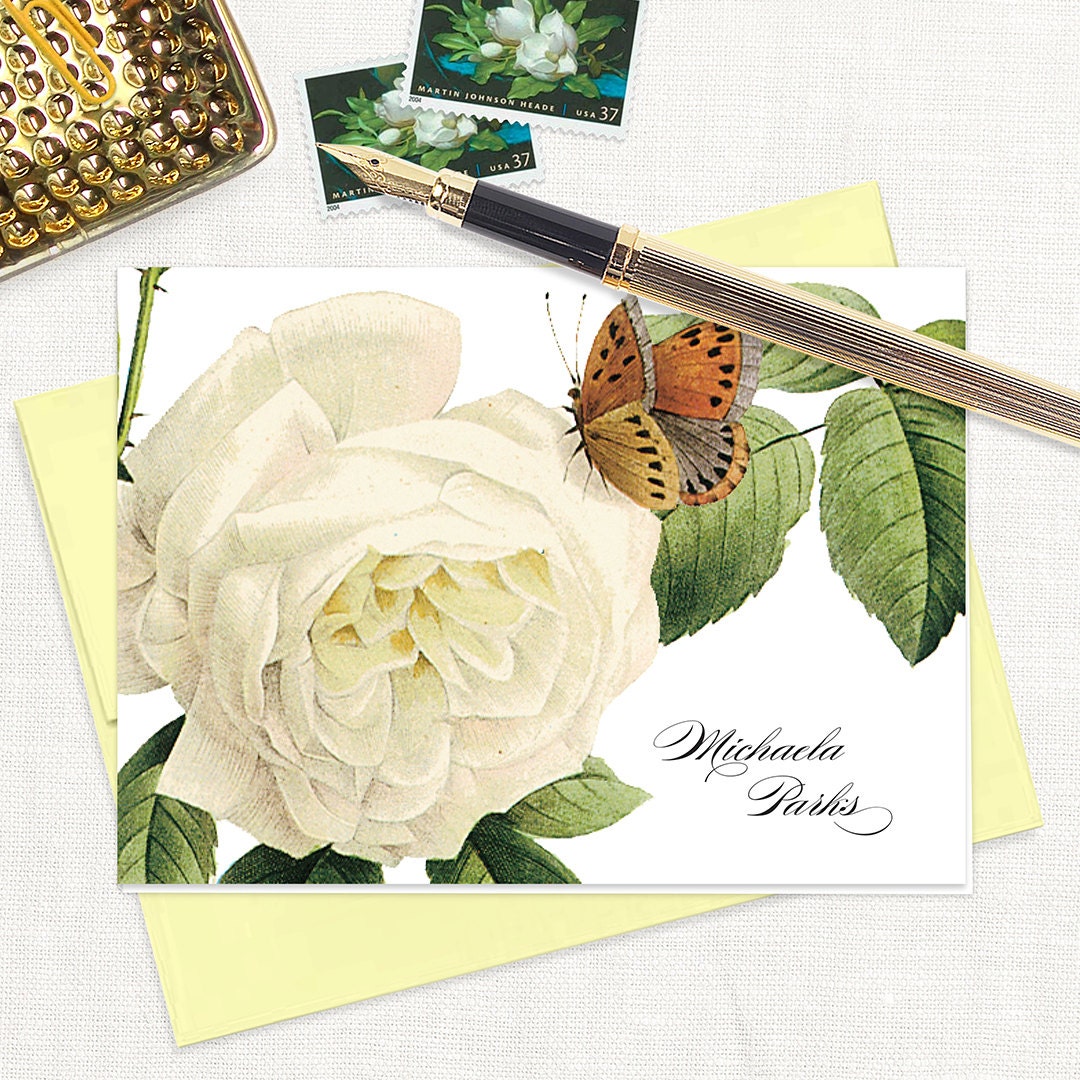 personalized stationery set - WHITE ROSE with BUTTERFLY - set of 8 folded note cards - stationary - botanical - floral - flower
