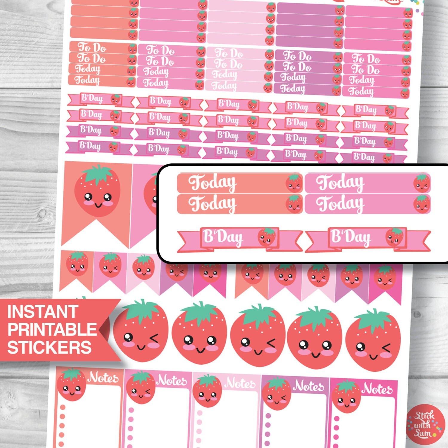 diary stickers pdf download cute strawberry pink printable