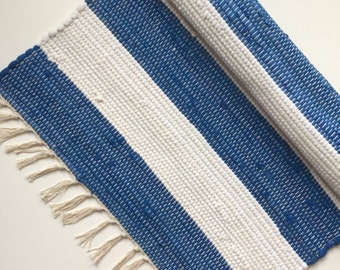 Chindi rag rug. Handmade textile woven rug Navy Blue&White stripes - 100% cotton. Carpet. Great interior design object.
