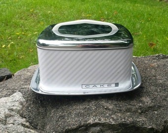 Wit en chroom Lincoln schoonheid slijtage cake tin metaal/chroom cake tin-retro midcentury 1950's keuken opslag/decor verkoop!