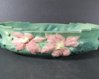 Roseville Pottery Clematis Green Pink Flowers Console Bowl 461-14 Large Reduced!