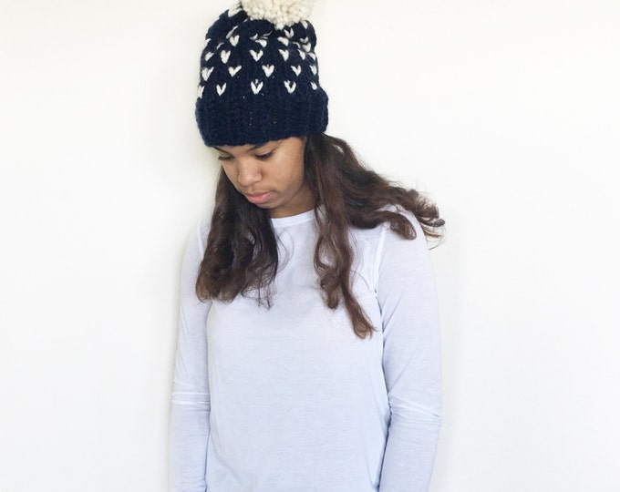 Knit Slouchy Beanie Hat with Pom Pom//THE TUMBLEWEED//Navy and Fisherman