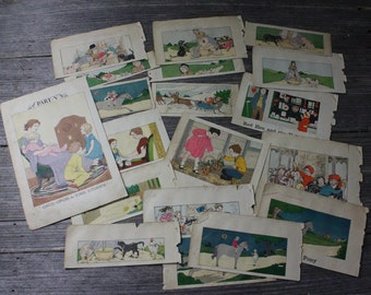 Collection of vintage color illustrations from an early 20th century children's book, circa 1930s